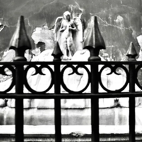 Statua di un angelo su una fontana addossata a un muro scrostato, vista attraverso le punte di una cancellata in ferro, in bianco e nero