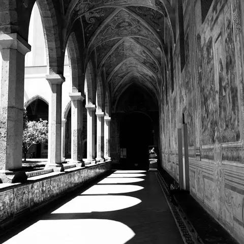 Corridoio di un chiostro con archi a sesto acuto e volte affrescate, luce che disegna ovali sul pavimento, in bianco e nero