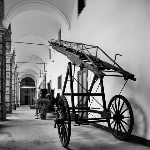 Antico carro con lunga scala estensibile esposto in un porticato voltato, con altri mezzi storici in fila, in bianco e nero