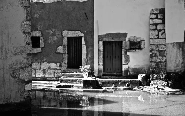 Facciate di antichi edifici con porte e gradini in pietra riflessi nell'acqua in primo piano, in bianco e nero
