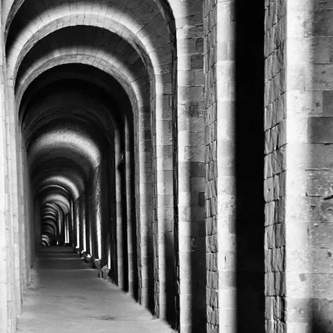 Lungo porticato voltato con una successione di archi e pilastri che si perde in prospettiva, in bianco e nero