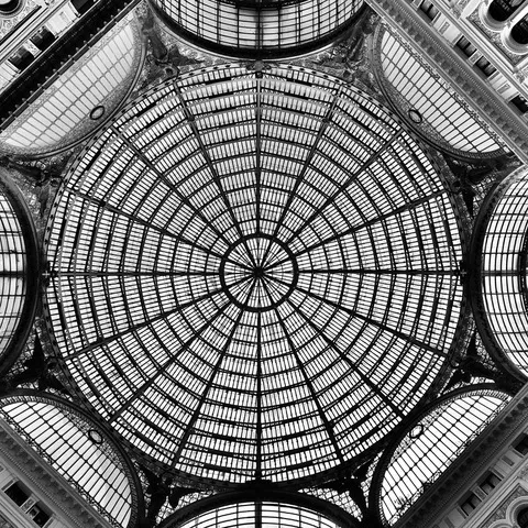 Cupola di vetro e ferro ripresa dal basso, con la struttura radiale che converge al centro, in bianco e nero