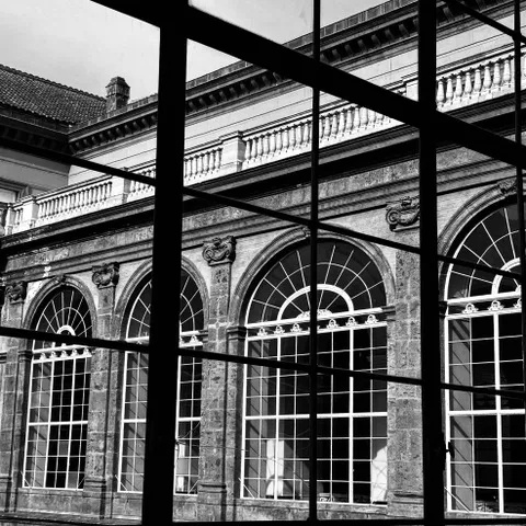Facciata storica con finestre ad arco e balaustra vista attraverso la griglia di una vetrata moderna, in bianco e nero