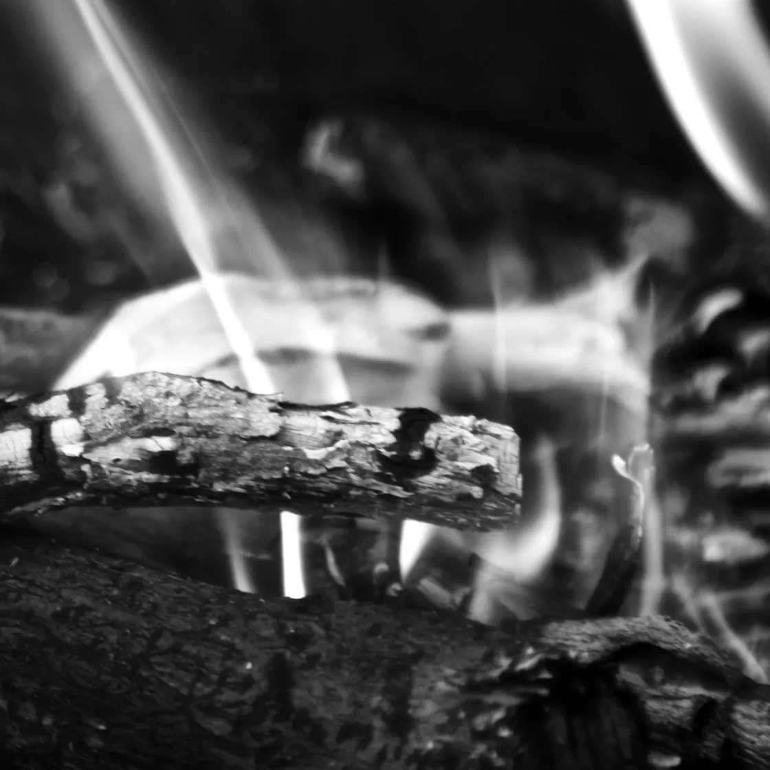 Rami e ceppi che ardono ripresi da vicino, con fiamme e fumo tra le braci, in bianco e nero