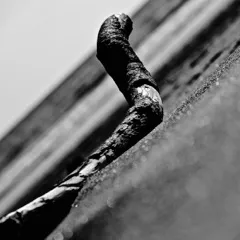 Chiodo di ferro arrugginito e ricurvo che sporge da una superficie di legno consumato, in diagonale, in bianco e nero